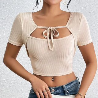 Women's Sunken Stripe Rib Lace-up Square Collar Top Phosgene