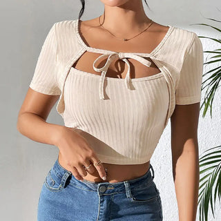 Women's Sunken Stripe Rib Lace-up Square Collar Top Phosgene