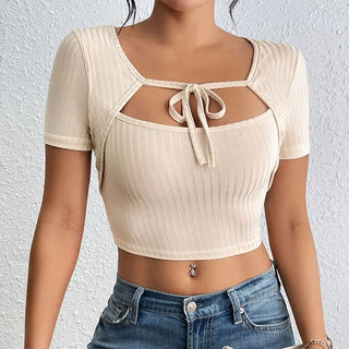 Women's Sunken Stripe Rib Lace-up Square Collar Top Phosgene