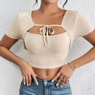 Women's Sunken Stripe Rib Lace-up Square Collar Top Phosgene