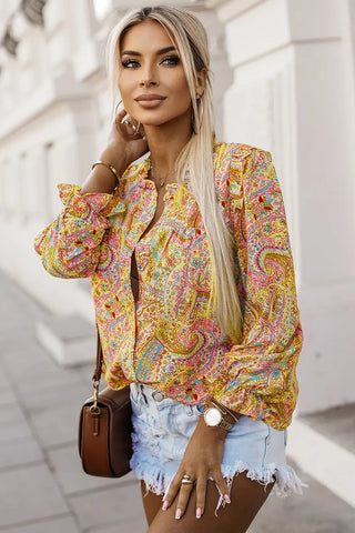 Women's Thin Bohemian Style Printed Ruffles V-neck Long Sleeve Shirt Phosgene