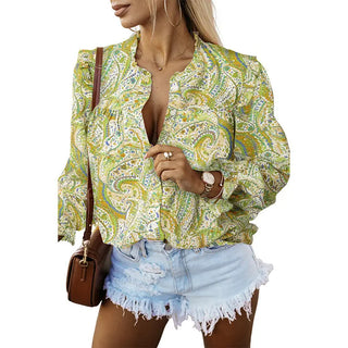 Women's Thin Bohemian Style Printed Ruffles V-neck Long Sleeve Shirt Phosgene