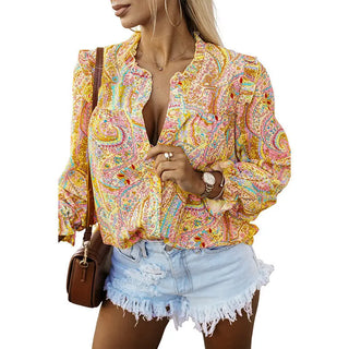 Women's Thin Bohemian Style Printed Ruffles V-neck Long Sleeve Shirt Phosgene