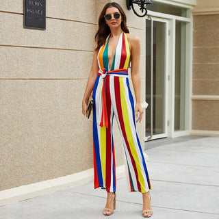 Women's V-neck Colorful Striped Jumpsuit Phosgene