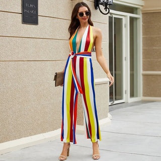 Women's V-neck Colorful Striped Jumpsuit Phosgene