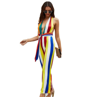 Women's V-neck Colorful Striped Jumpsuit Phosgene