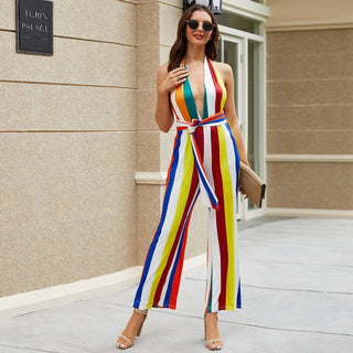 Women's V-neck Colorful Striped Jumpsuit Phosgene