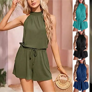 Women's Waist-controlled Lace-up Halter Loose Printed Jumpsuit Phosgene