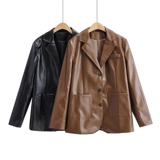 Temperament Commuting Light Cooked Wind Big Pocket Faux Leather Suit Jacket - Phosgene