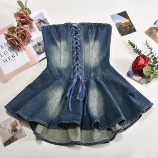 Women's Zipper Lace-up Chest Wrap Hot Girl Denim Skirt - Phosgene