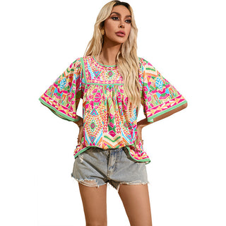 Thin Loose Casual Style Printed Chiffon Shirt For Women Phosgene