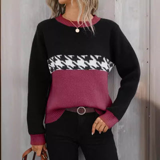 Contrast Color Pullover Round Neck Knitted Sweater - Phosgene