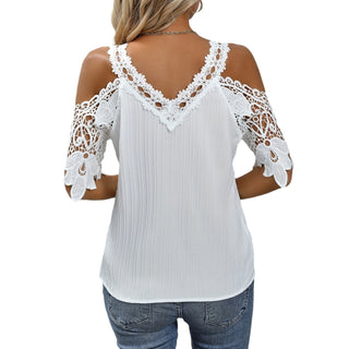 Solid Color Lace Trim Loose Breathable Women's Top - Phosgene