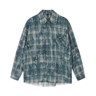 Distressed Tie-dyed Plaid Long-sleeved Shirt Men's Fashion Brand Phosgene