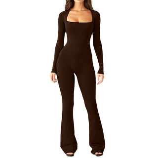 Women's Long Sleeve Belly And Waist Shaping Square Collar High Elastic Jumpsuit - Phosgene