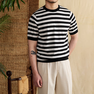 Striped Navy-striped Shirt Breathable Tencel Cotton Round Neck Short Sleeve T-shirt Phosgene