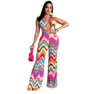 Multicolor Wave Deep V Bare Back High Waist Casual Pants - Phosgene