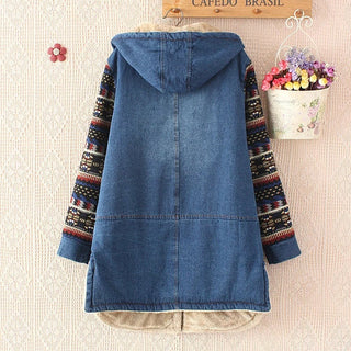 Retro Color-blocked Sleeve Printed Hooded Denim Cotton Coat - Phosgene