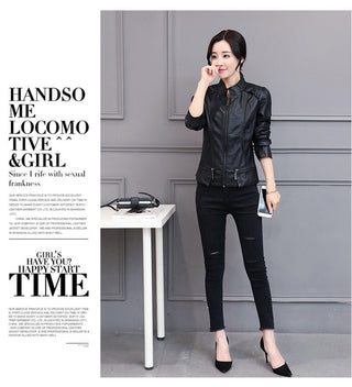 New Spring And Autumn Korean Style Motorcycle Stand-up Collar Slim Fit Slimming Leather Coat - Phosgene