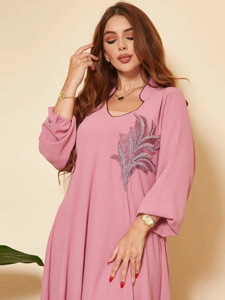 Women's Long Sleeve Chest Applique Middle East Loose Dress - Phosgene