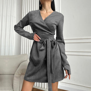 French Style Young Suede V-neck Stomach Blanket Dress - Phosgene