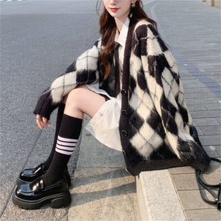 Plaid Knitted Cardigan Coat For Women - Phosgene