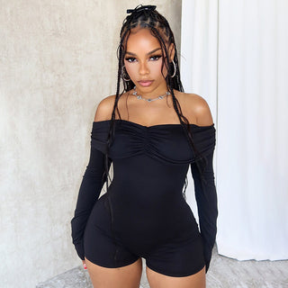 Women's Off-shoulder Pleating Long Sleeve High Waist One-piece Shorts - Phosgene