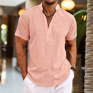 Stand Collar Men's Half Cardigan Cotton And Linen Short Sleeve Shirt Phosgene