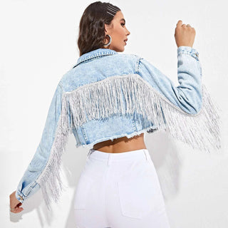 Women's Fashionable Fringed Stitching Distressed Denim Jacket - Phosgene