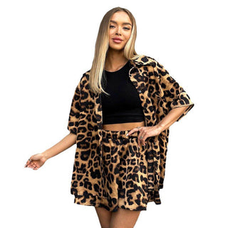 European And American Suit Women's Leopard Print Short Sleeve Lining Summer Shorts Two-piece Set - Phosgene