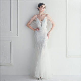 Mesh Beaded Bridal Wedding Dinner Long Camisole Evening Gown - Phosgene