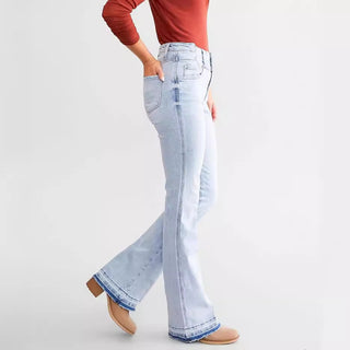 Women's High Waist Button Row Elastic Denim Pants Phosgene