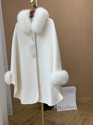 Cape Fox Fur Collar Cashmere Wavy Coat - Phosgene