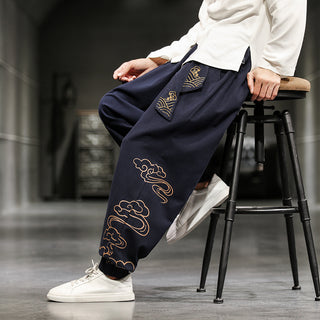 New Chinese Style Men's Trousers Printed Loose Wide-leg Trousers Plus Size - Phosgene