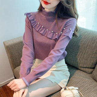 Women's Ruffled Stitching Half-high Collar Long Sleeves Knitwear - Phosgene