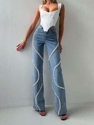 Loose Straight-cut Rhinestone Jeans With Design Sense Phosgene