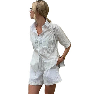 Hollow Short Sleeve Lapel Shirt Women's Shorts - Phosgene