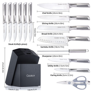 Kitchen Knife Set, 15 Piece Knife Sets with Block, Chef Knives with Non-Slip German Stainless Steel Hollow Handle Cutlery Set with Multifunctional Scissors Knife Sharpener  Amazon Platform Banned - Phosgene