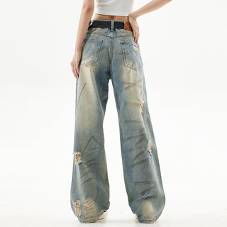 Graffiti Distressed Dirty Ripped Denim Trousers Phosgene