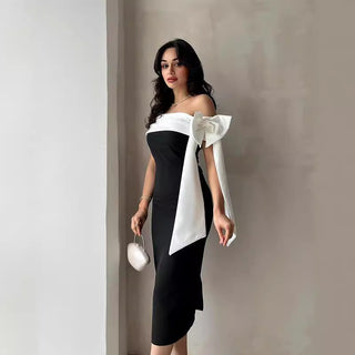 Women's Off-shoulder Bow Black And White Color Matching Elegant Cocktail Dress - Phosgene