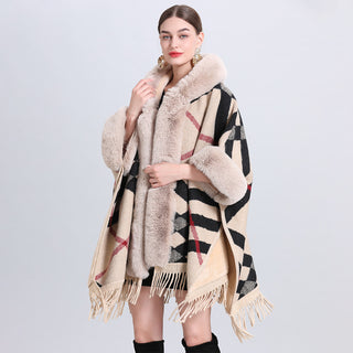 Loose Plaid Plus Cashmere Fur Collar Knitted Inverness - Phosgene