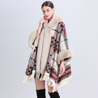 Loose Plaid Plus Cashmere Fur Collar Knitted Inverness - Phosgene