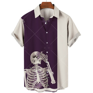 Men's Short-sleeve Lapel Shirt 3D Digital Skull Printed Shirt Phosgene