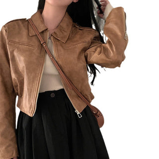 Women's Retro Hong Kong Style Lapel Long-sleeved Leather Jacket - Phosgene