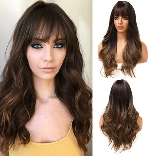 Air Bangs Big Wave Long Curly Hair Gradient Wig - Phosgene