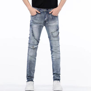 Distressed Raw Hem Ripped Stitching Stretch Denim Trousers Phosgene