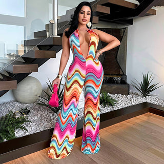 Multicolor Wave Deep V Bare Back High Waist Casual Pants - Phosgene