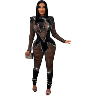 Wear Pure Color Mesh Rhinestone Long-sleeved Trousers Jumpsuit - Phosgene