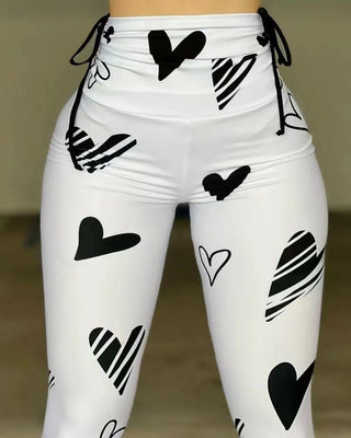 Drawstring Heart Print Yoga Sports Hip-hop Fitness Leggings - Phosgene