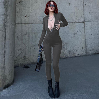 Women's Fashion Personality Chest Zipper Slim-fit Long-sleeved Stretch Bottoming Jumpsuit - Phosgene